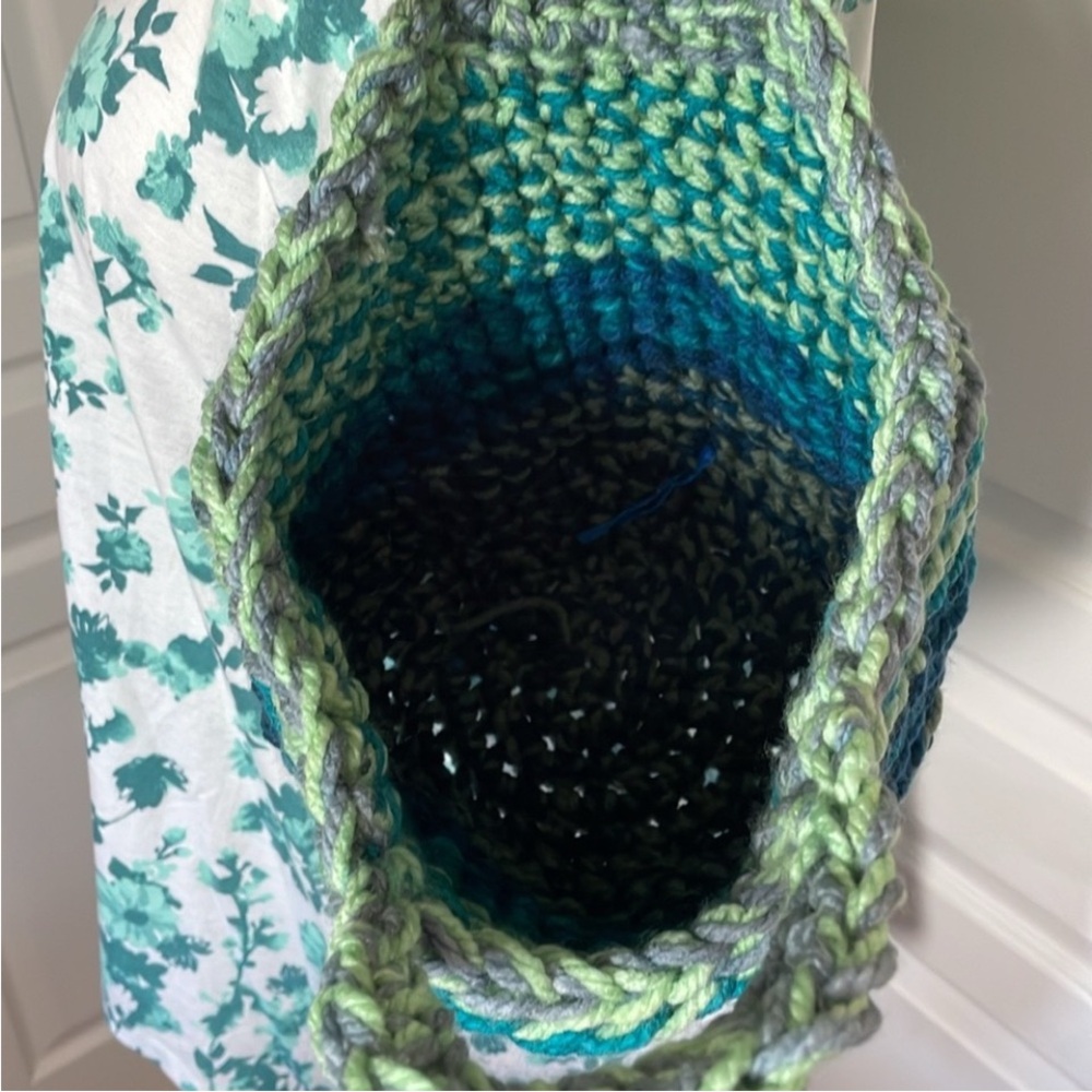 Handmade Basket Organization Green Blue Crochet Decor Hand Crafted Chunky Knit - Picture 9 of 17